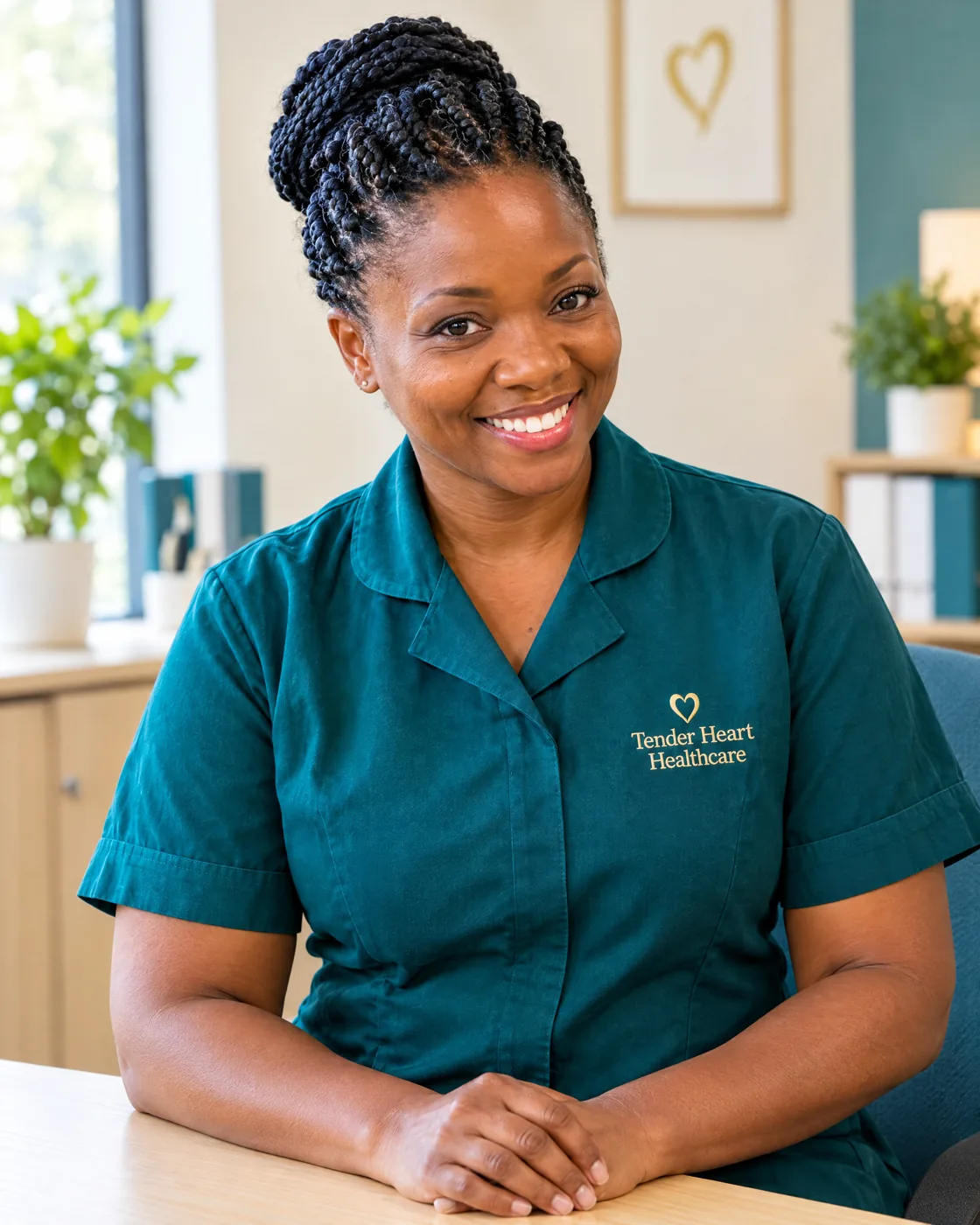 Registered nurse and care manager in a teal Tender Heart Healthcare uniform, leading home care in Nottingham