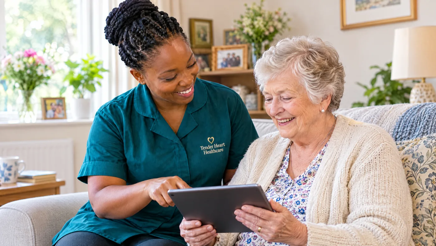 Tender Heart Healthcare carer in a teal uniform helping an elderly woman use a tablet at home in Nottingham