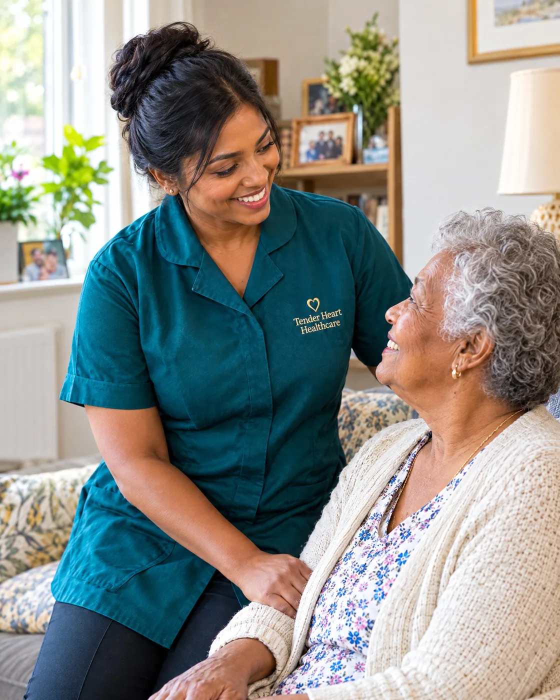 Tender Heart Healthcare carer in a teal uniform providing friendly home care to a woman in Nottingham