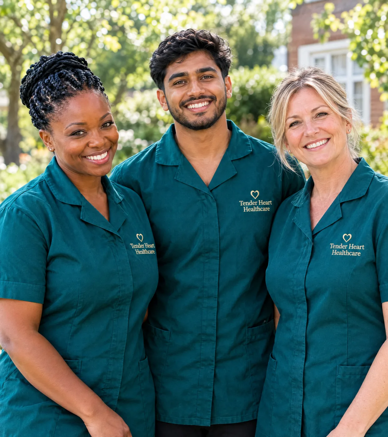 Diverse Tender Heart Healthcare care team in teal uniforms, hiring carers in Nottingham and Nottinghamshire