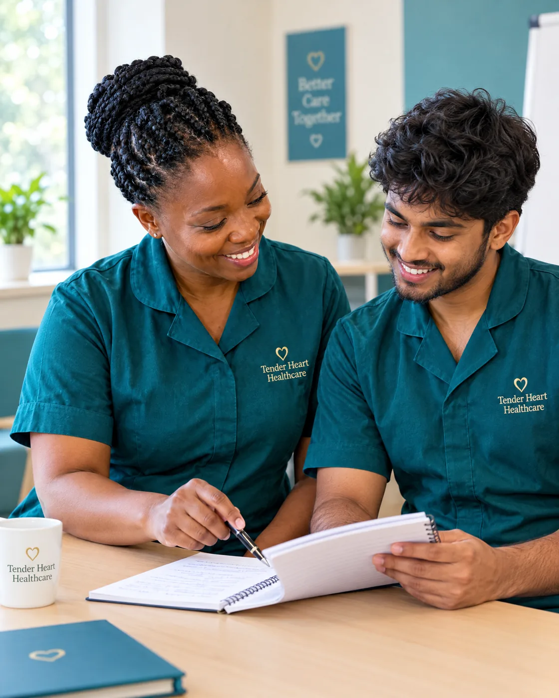 Tender Heart Healthcare carer in a teal uniform receiving training and support from a care manager in Nottingham