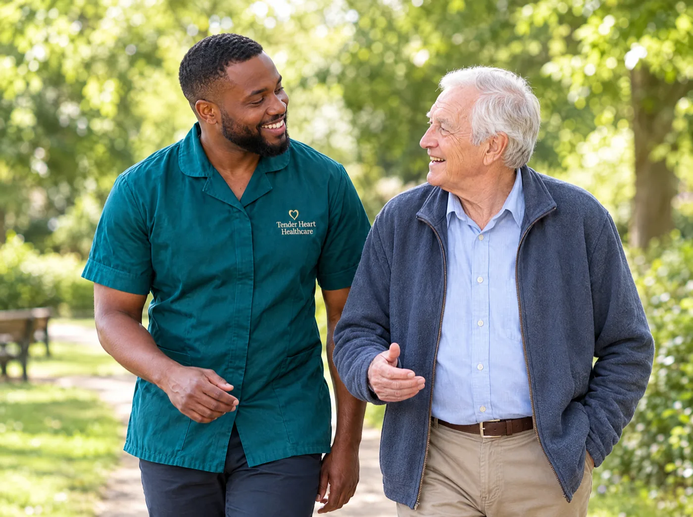 Tender Heart Healthcare carer in a teal uniform walking with an elderly man in a park in Nottinghamshire