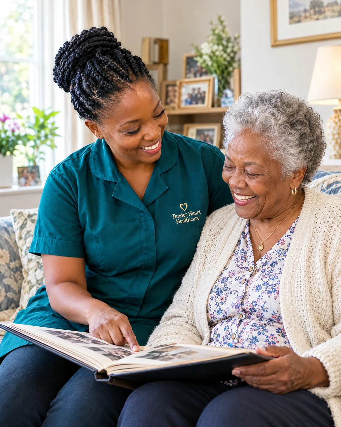 Tender Heart Healthcare carer in a teal uniform sharing photos and laughter with an elderly woman at home in Nottingham