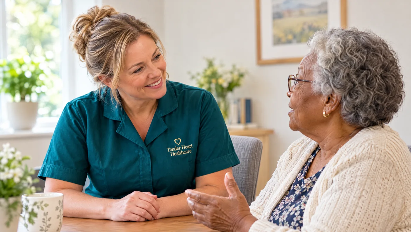 Tender Heart Healthcare manager in a teal uniform listening to feedback from a client in Nottinghamshire