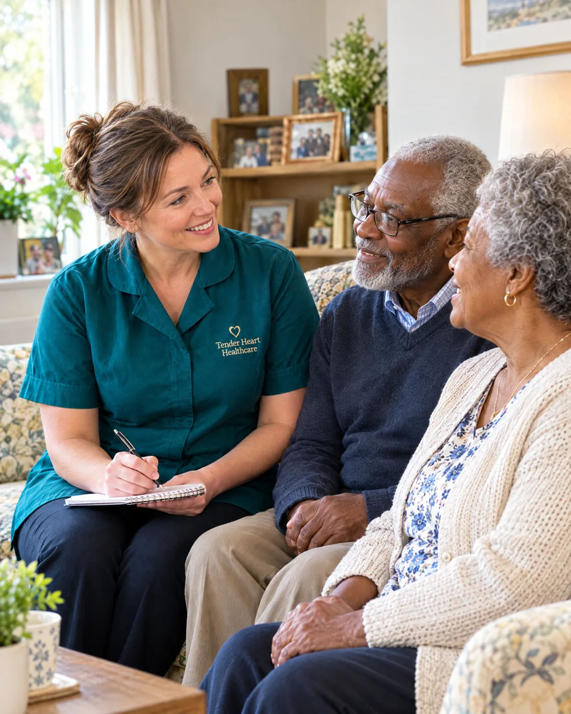 Tender Heart Healthcare assessor in a teal uniform discussing a free home care assessment with a family in Nottinghamshire