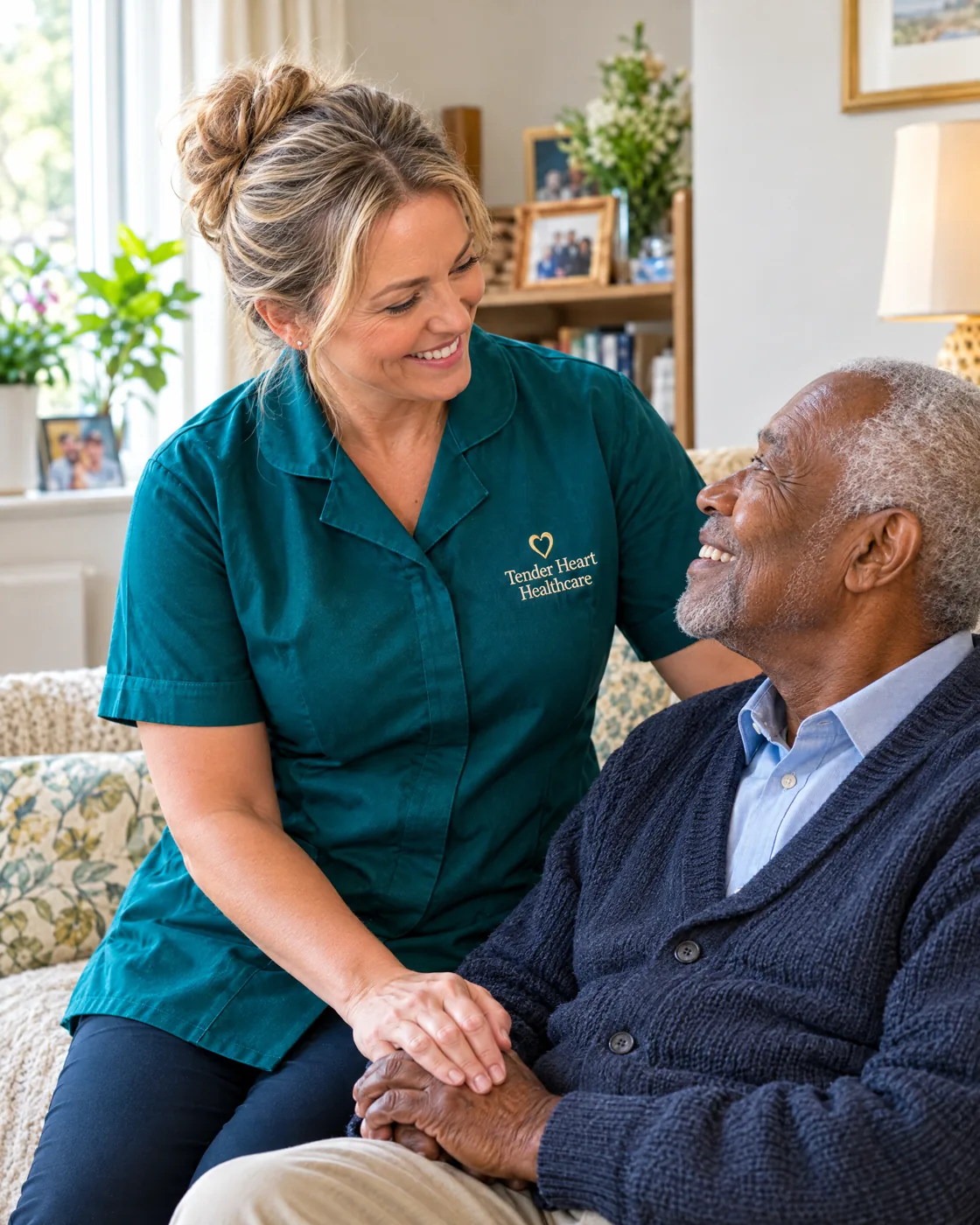 Tender Heart Healthcare carer in a teal uniform offering reassurance to a client at home in Nottingham