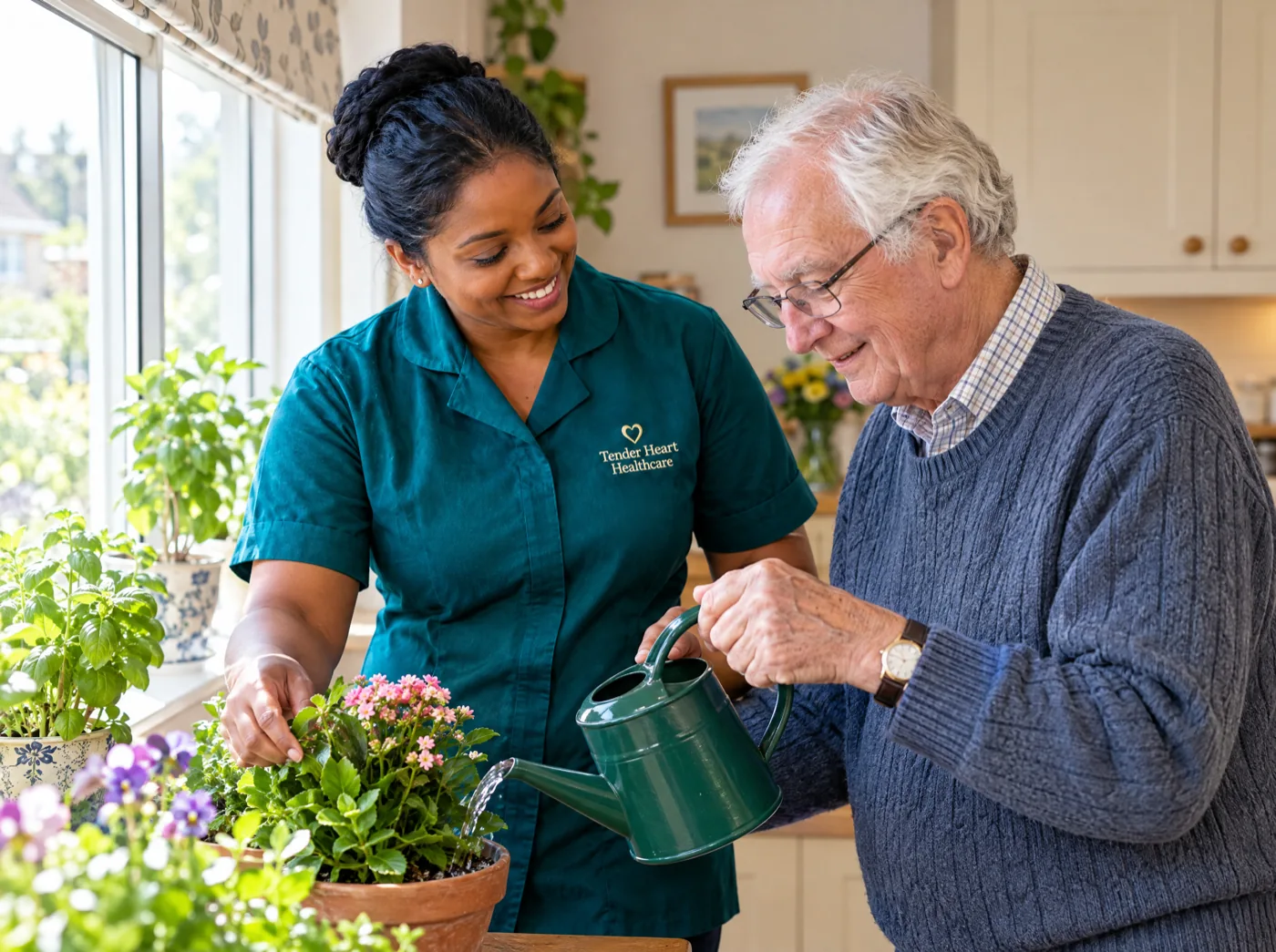 Tender Heart Healthcare carer in a teal uniform supporting a man with dementia during a gentle activity at home in Nottinghamshire