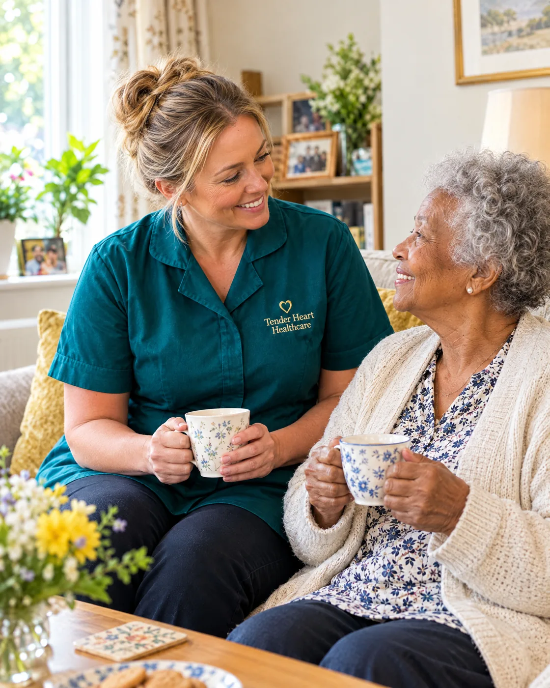Tender Heart Healthcare carer in a teal uniform enjoying a calm cup of tea with a woman living with dementia in Nottingham