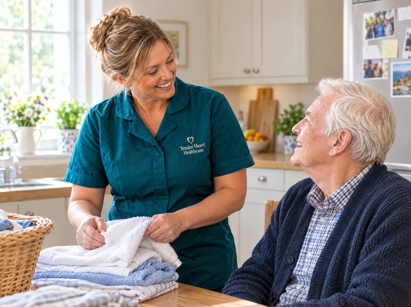 Tender Heart Healthcare carer in a teal uniform helping with laundry during a home visit in Nottinghamshire