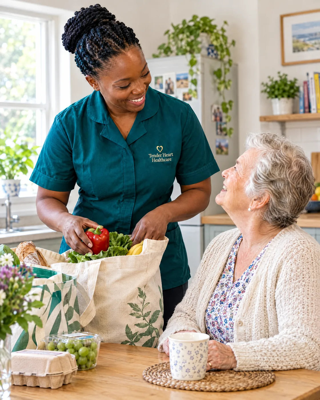Tender Heart Healthcare carer in a teal uniform unpacking shopping for an elderly woman at home in Nottingham