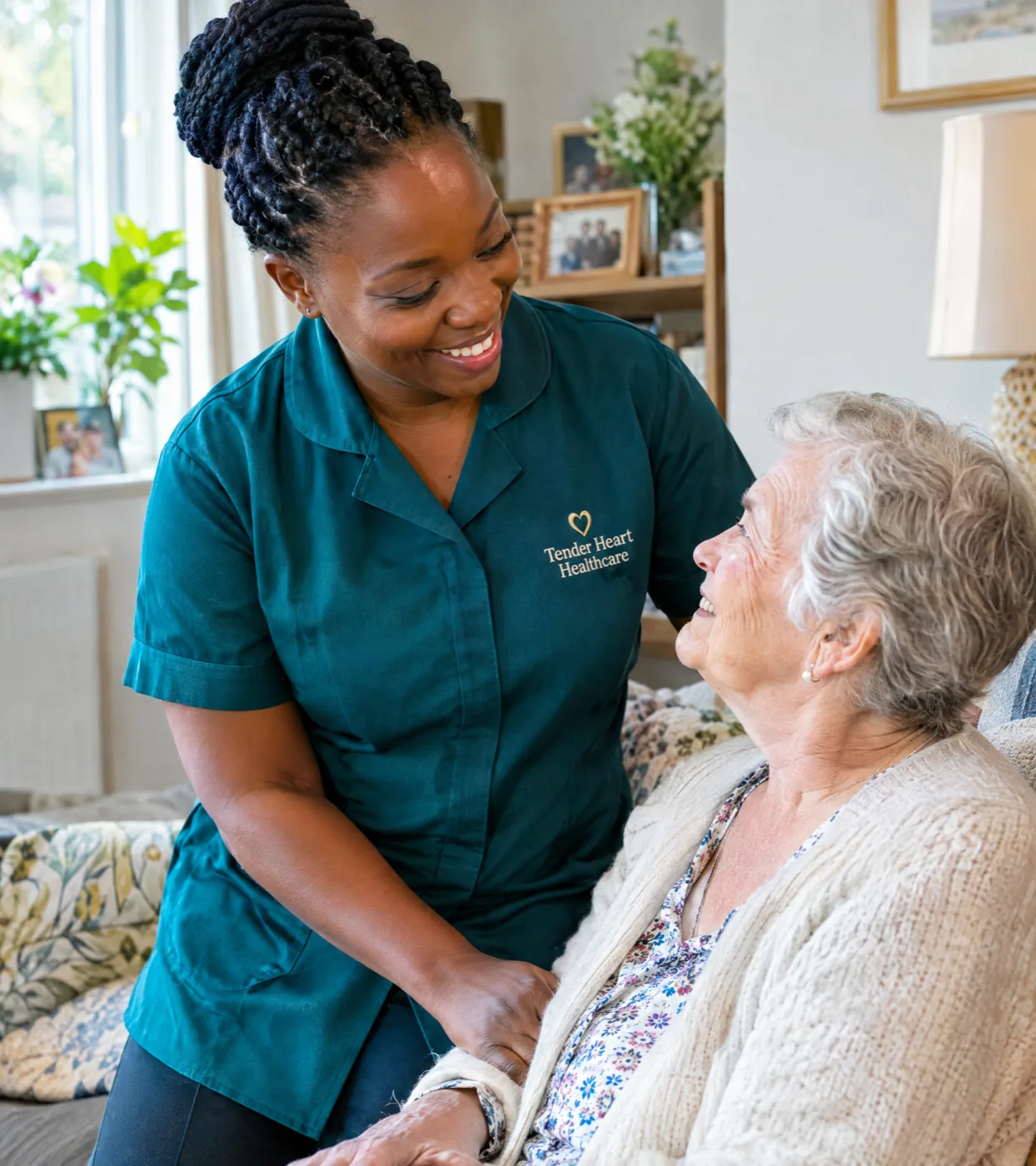 Home care worker in a teal Tender Heart Healthcare uniform helping an elderly woman at home in Nottingham