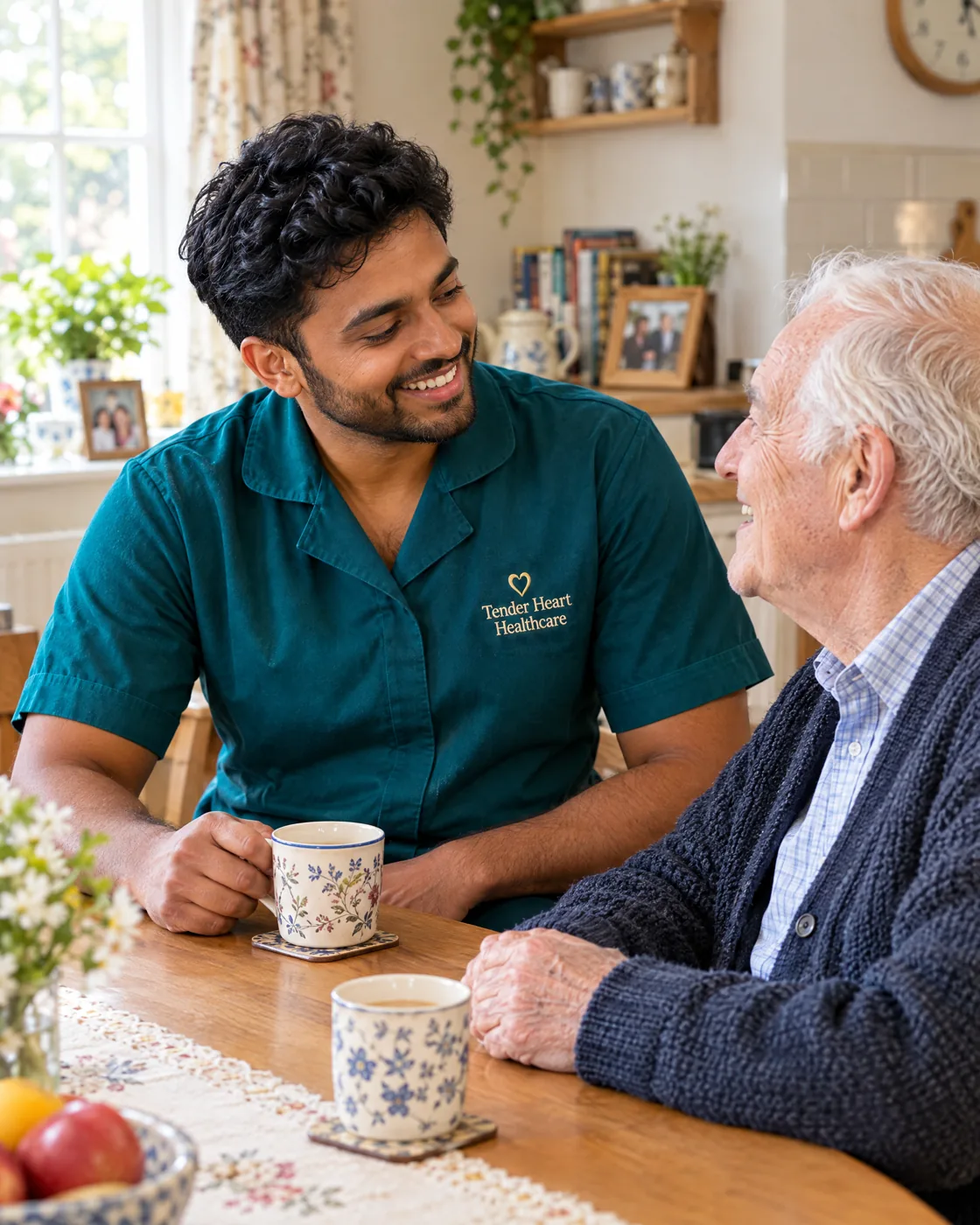 Tender Heart Healthcare carer in a teal uniform chatting with an elderly man over tea at home in Nottinghamshire