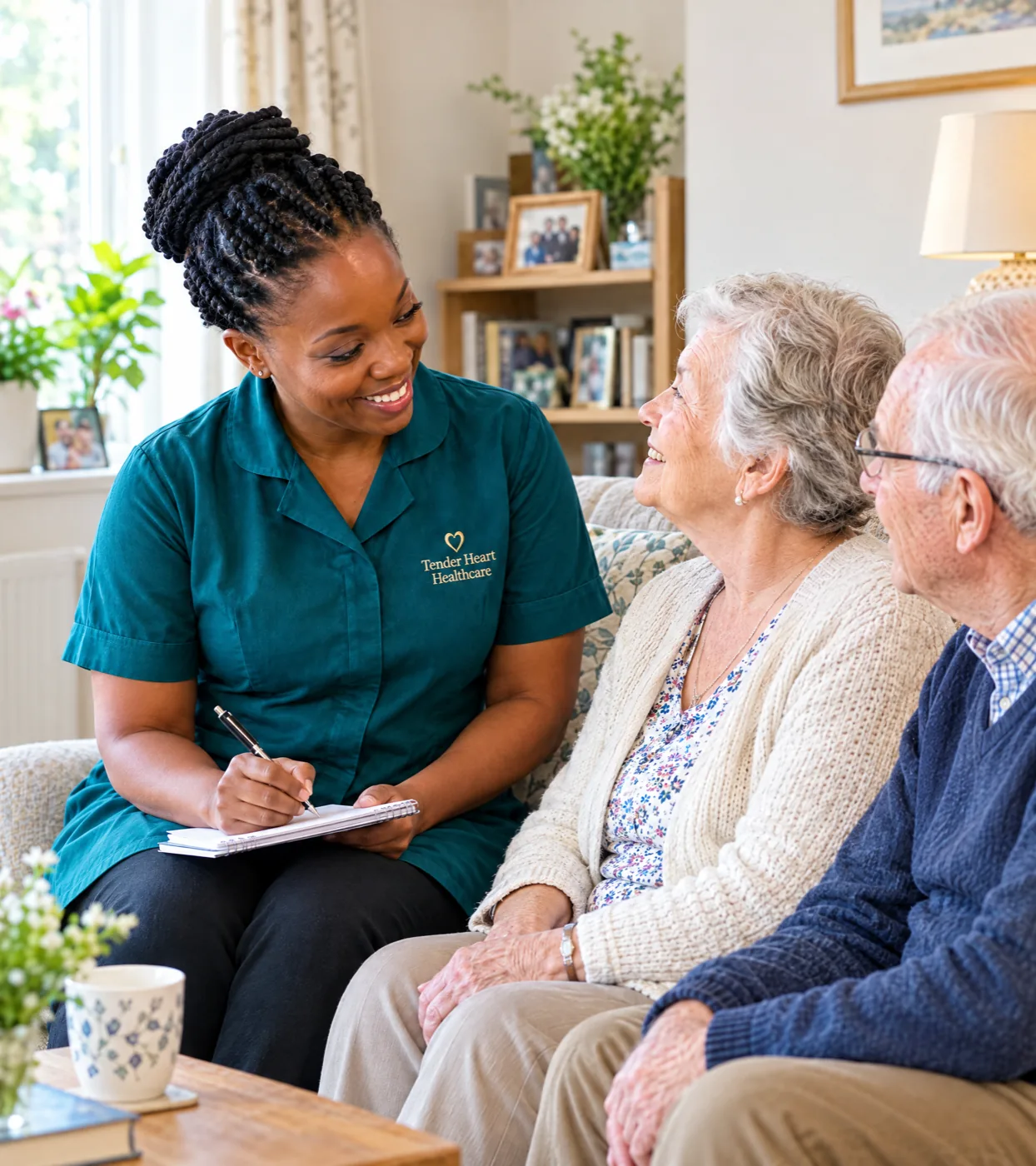 Tender Heart Healthcare assessor in a teal uniform discussing a free home care assessment with a family in Nottinghamshire