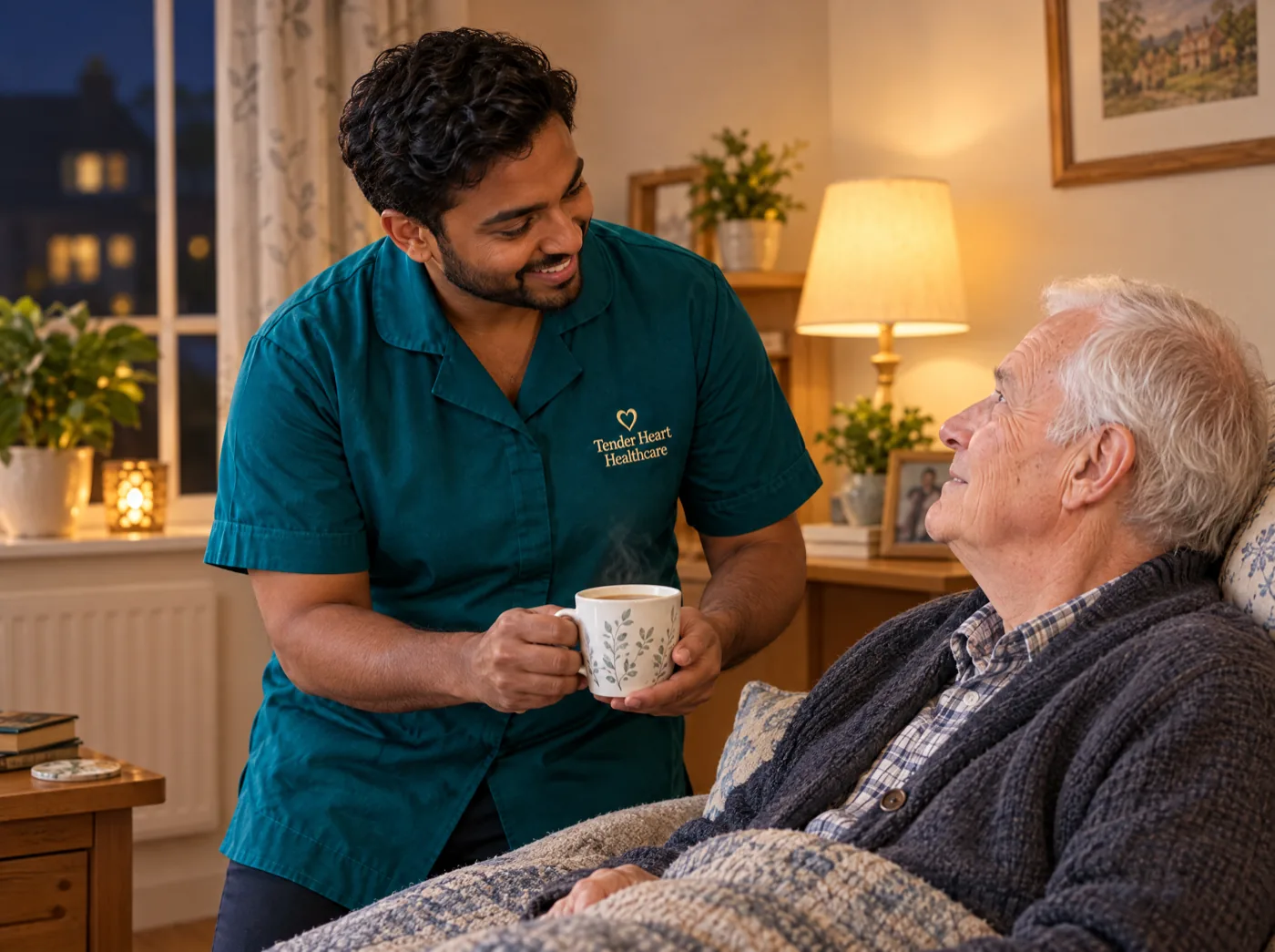 Tender Heart Healthcare carer in a teal uniform offering a warm drink during overnight care at home in Nottinghamshire