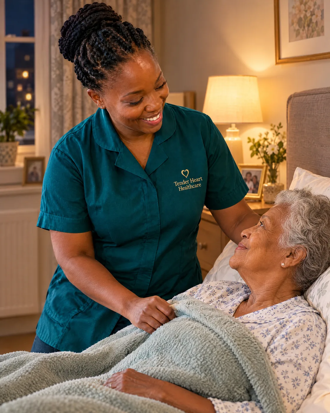 Tender Heart Healthcare carer in a teal uniform settling an elderly woman comfortably for the night at home in Nottingham