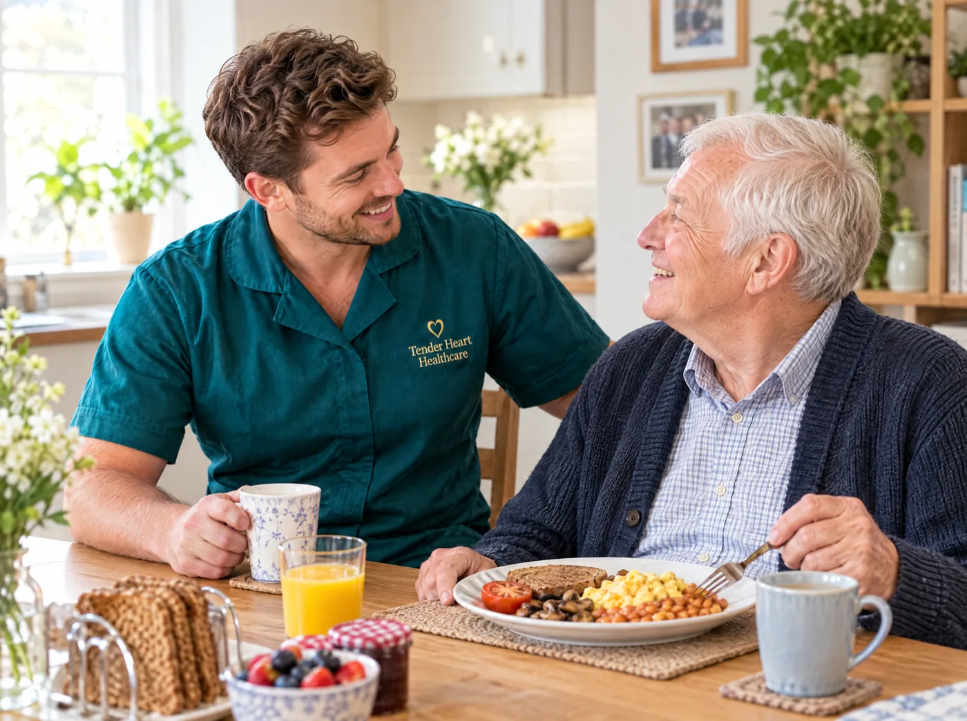 Tender Heart Healthcare carer in a teal uniform supporting an elderly man with breakfast at home in Nottinghamshire