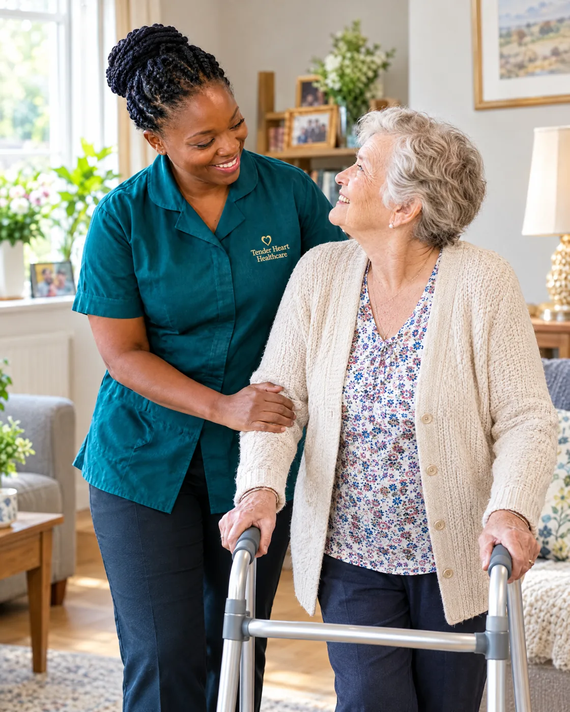 Tender Heart Healthcare carer in a teal uniform helping an elderly woman walk safely with a frame at home in Nottingham