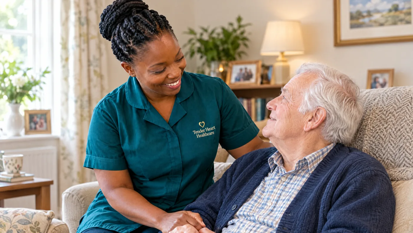 Tender Heart Healthcare carer in a teal uniform providing safe, dignified support to an elderly man at home in Nottingham