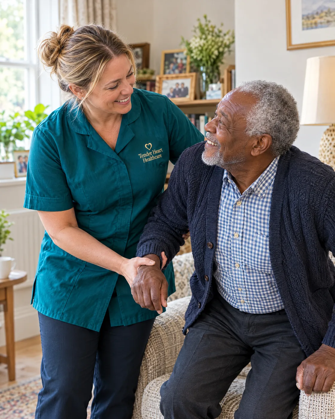 Tender Heart Healthcare carer in a teal uniform helping an elderly man stand safely at home in Nottingham