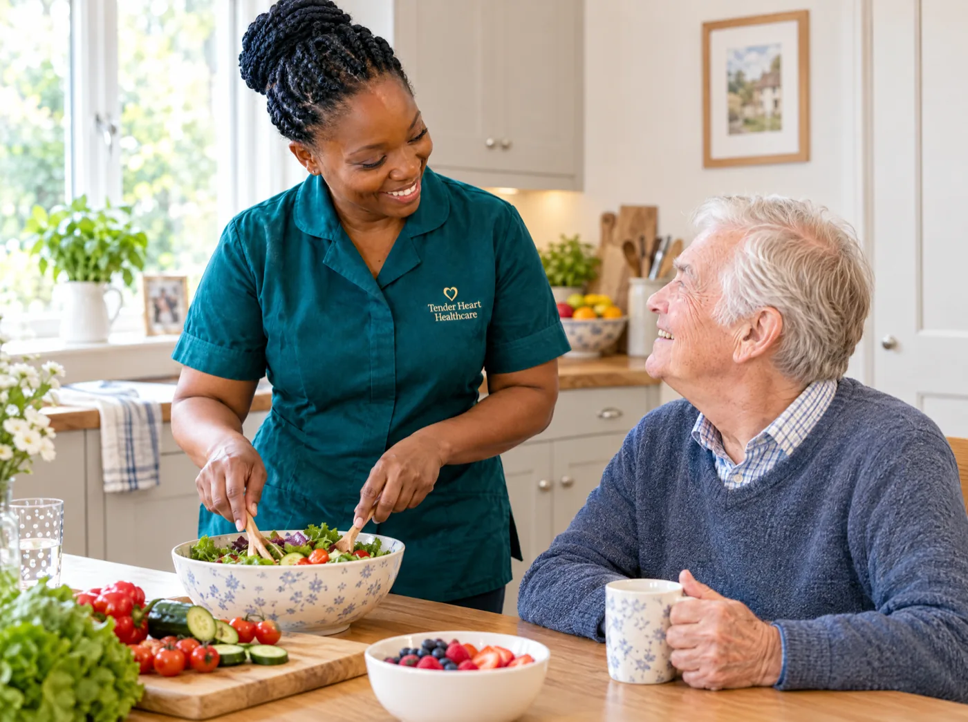 Tender Heart Healthcare carer in a teal uniform preparing lunch during a home visit in Nottinghamshire