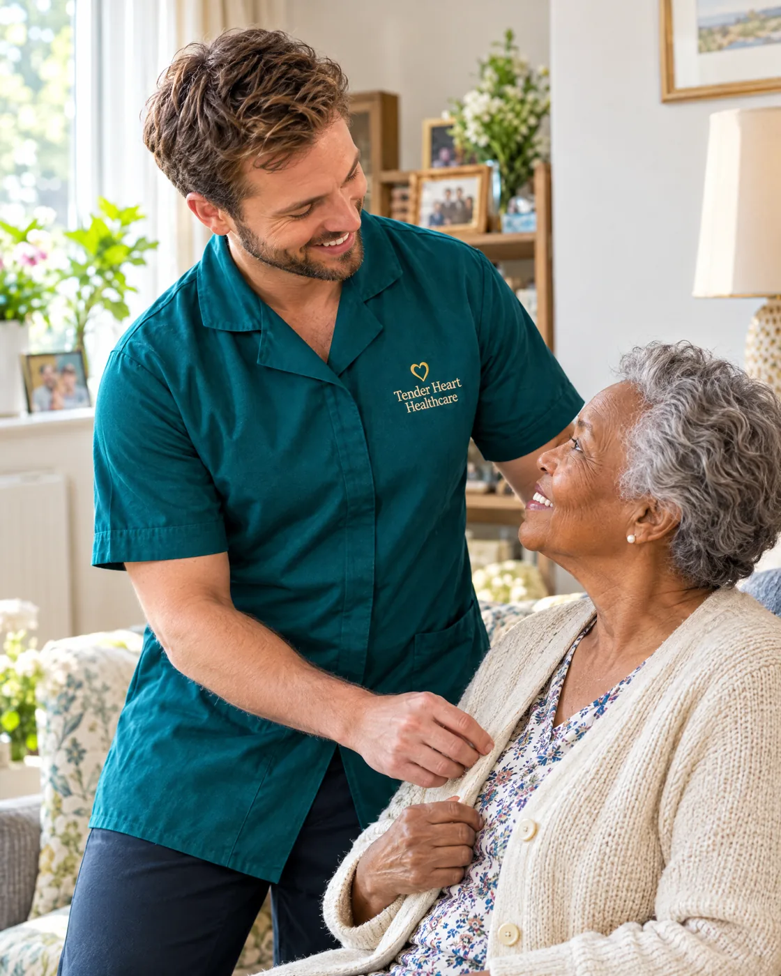 Tender Heart Healthcare carer in a teal uniform helping an elderly woman with her morning routine at home in Nottingham