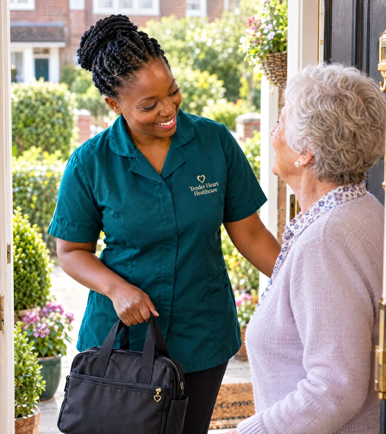 Tender Heart Healthcare carer in a teal uniform arriving for a home visit in Nottingham